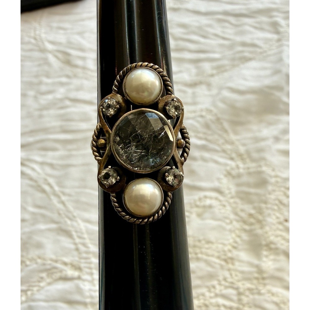 Nicky Butler Ring 925 Silver Black Rutilated Quartz Pearl White Topaz 6.5